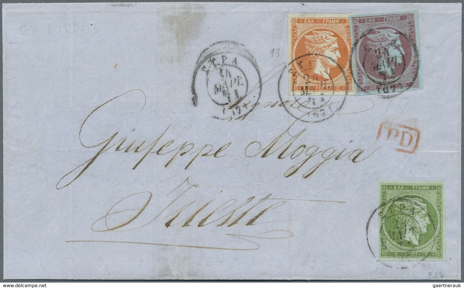 Br Griechenland: 1871: 5, 10 + 40 L, Tied By "SIRA 24 MART 71" To Letter To Trieste, Arrival On Reverse - Lettres & Documents