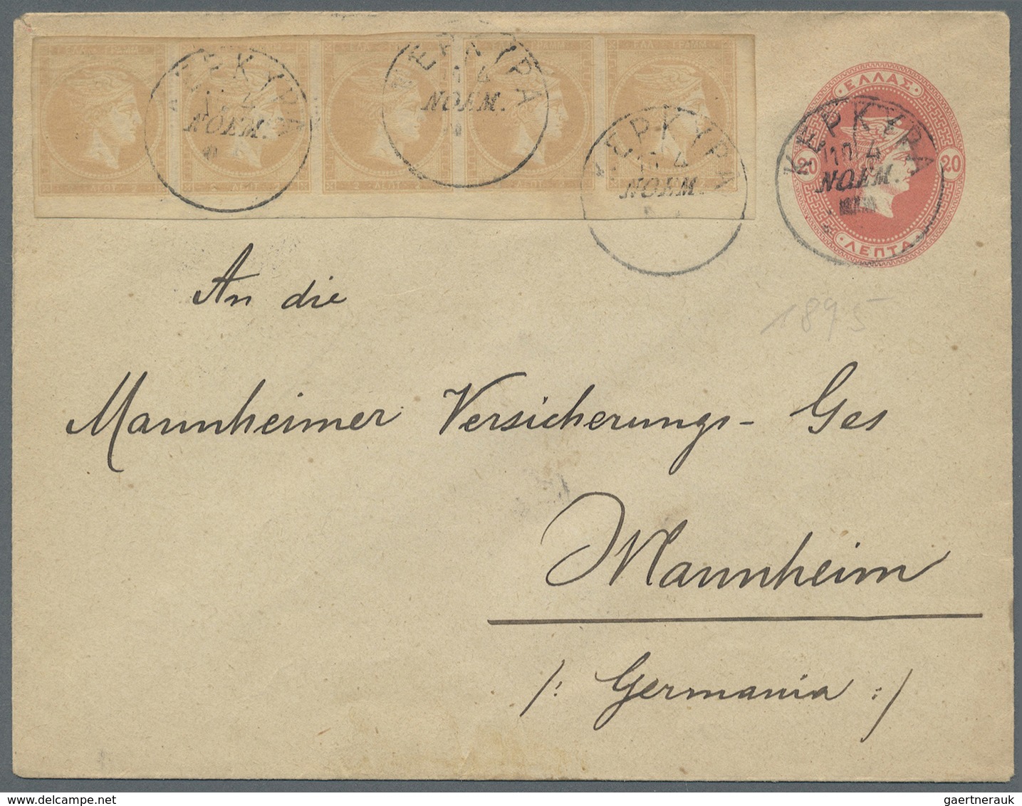 GA Griechenland: 1895. Ganzsachen-Umschlag 20 Lepta Hermes Im Oval. Zusatzfrankatur Meist Vollrandiger, - Brieven En Documenten