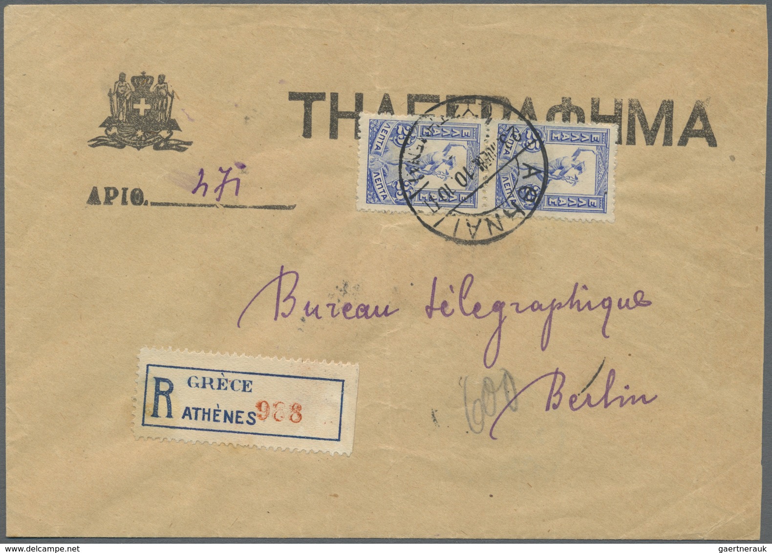 Br Griechenland: 1901, Hermes 25 L. Blue, Vertical Pair Tied By Cds. "ATHEN 28.11.10" To Registered Rep - Brieven En Documenten