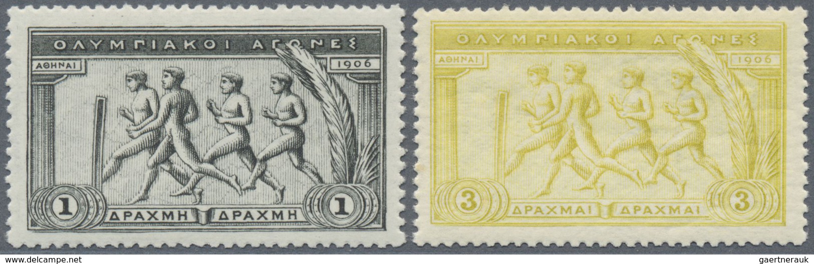 ** Griechenland: 1906, Olympics, 1 Dr. Black And 3 Dr. Greenish Yellow, Splendid Copy Of Very Fresh Col - Lettres & Documents