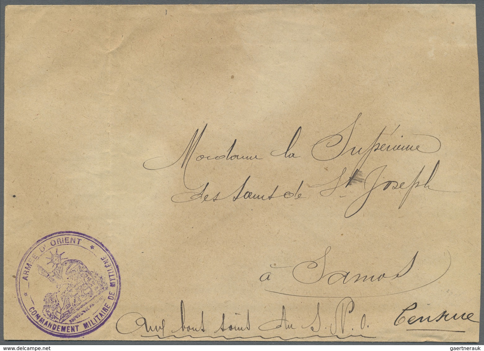 Br Griechenland: 1915. Stampless Military Mail Envelope (small Faults/stains) Written From Mytilene Add - Covers & Documents