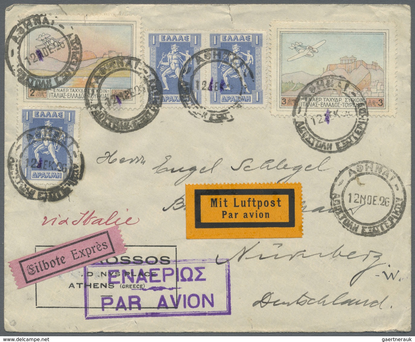 Br Griechenland: 1926 (12.12.), Flugpostbrief Frankiert Mit Halbamtl. Flugpostmarken 2 Dr. Und 3 Dr. So - Lettres & Documents
