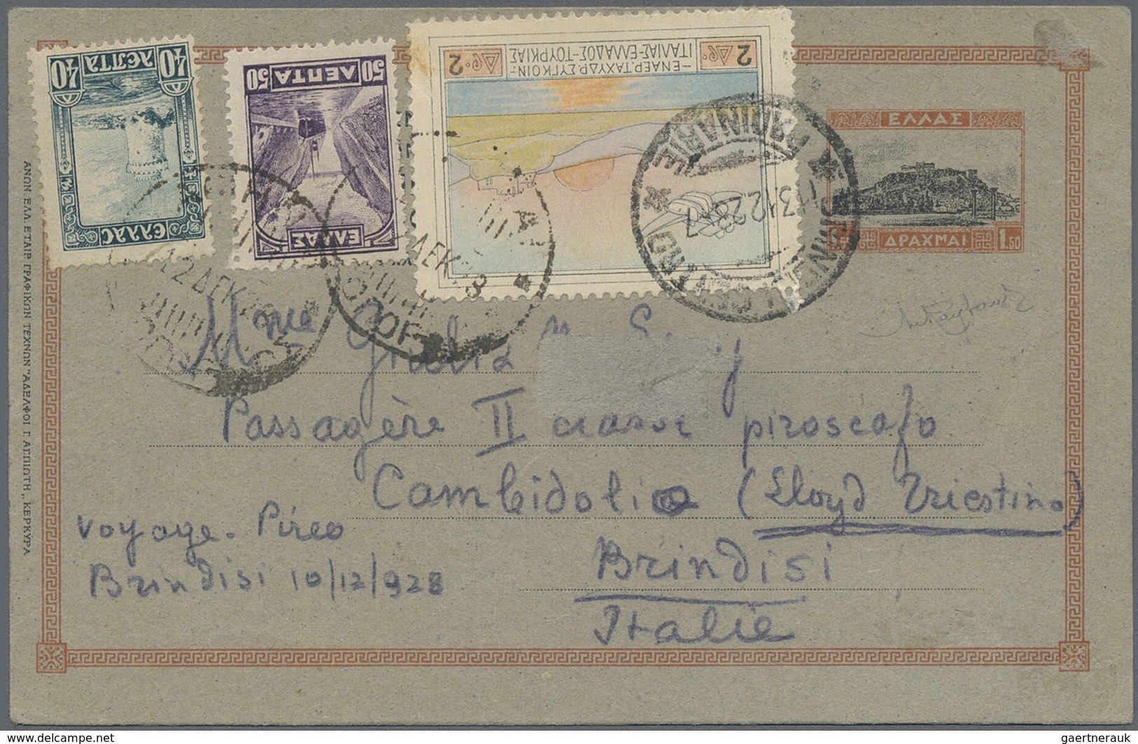 GA Griechenland: 1928, 2dr. "Patakonia" Airmail Stamp And 40lep./50lep. Uprating A Stationery Card 1.50 - Lettres & Documents