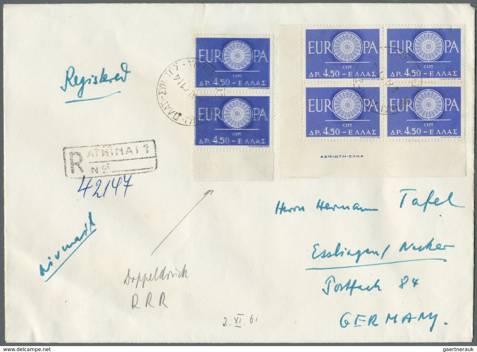 Br Griechenland: 1961, 4.50 Dr Blue CEPT Pair With Double Impression And Block Of Four Normal Print On - Lettres & Documents