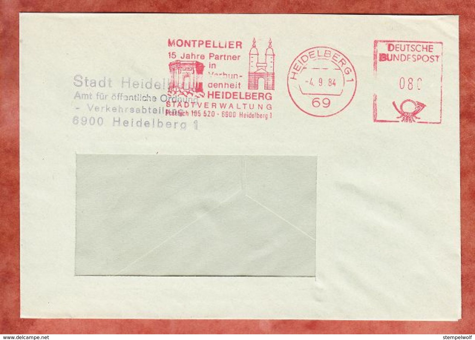 Brief, Absenderfreistempel, Montpellier Partner Heidelberg, 80 Pfg, 1984 (46225) - Máquinas Franqueo (EMA)