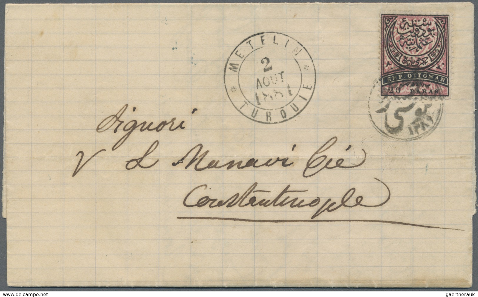 Br Griechenland - Stempel: Mytilene -1881. Envelope Addressed To Constantinople Yvert 44, 10p Black/ros - Marcophilie - EMA (Empreintes Machines)