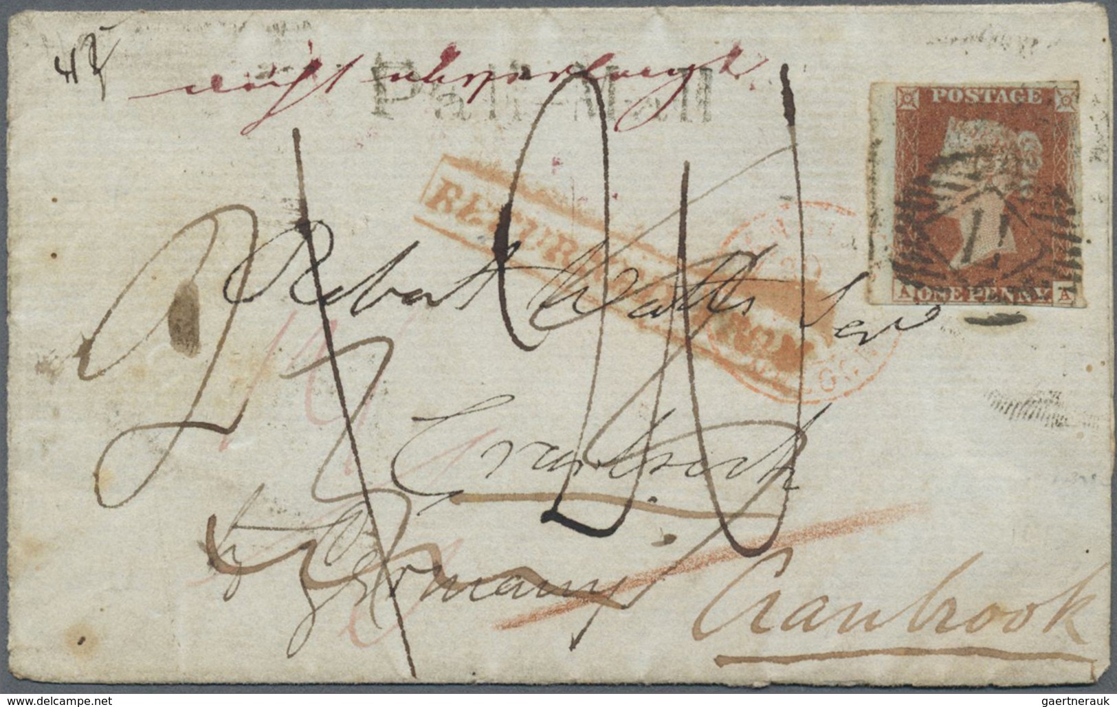 Br Großbritannien: 1847, QV 1 D Red On Bluish Paper On Folded Envelope From "PALL MALL" (London) Sent T - Autres & Non Classés