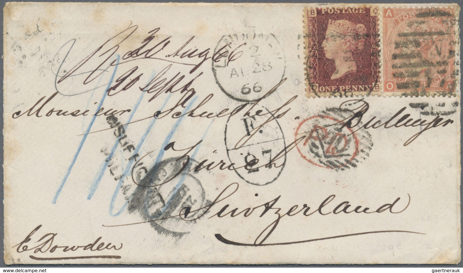 Br Großbritannien: 1866. Envelope (fox Spots) Addressed To Switzerland Bearing SG 44, 1d Rose And SG 94 - Autres & Non Classés