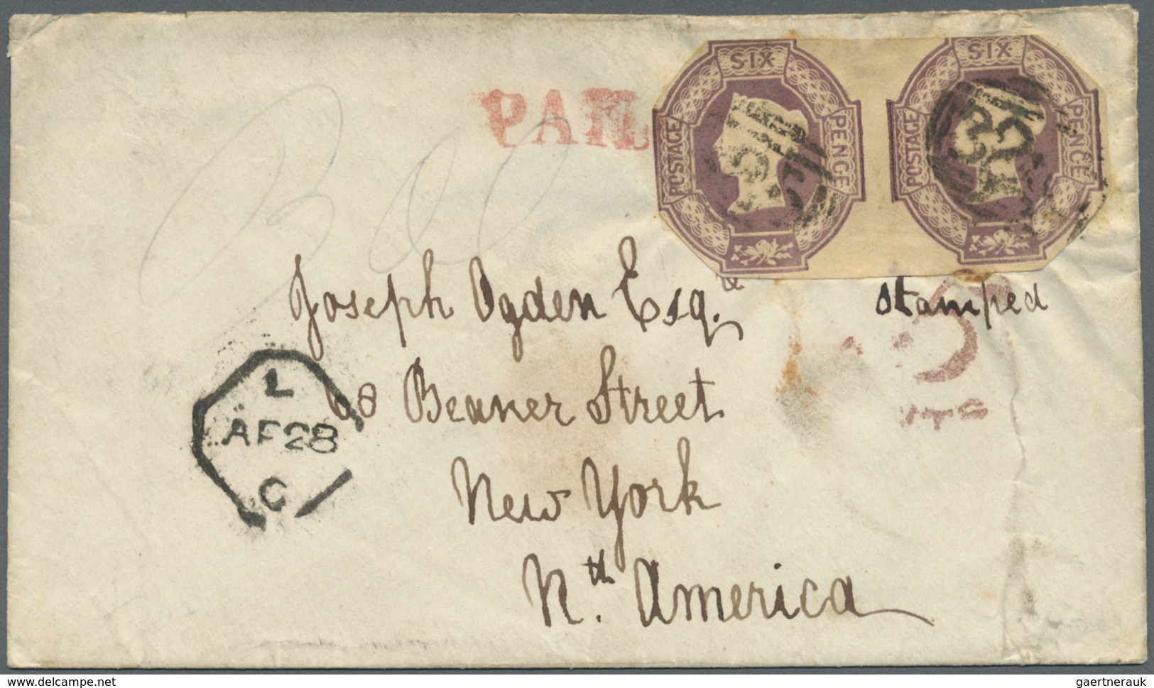 /Br Großbritannien: 1847-54 Embossed 6d. Mauve Horizontal Pair, Used On 1854 Cover From Guildford To New - Sonstige & Ohne Zuordnung