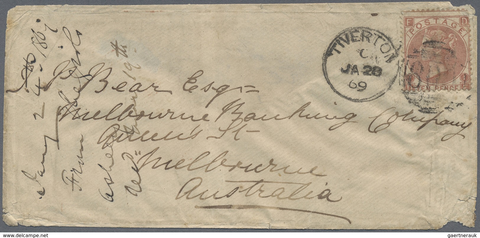 Br/Brfst Großbritannien: 1869/1870, two covers and one cover front bearing QV 10d. red-brown used from Chelte