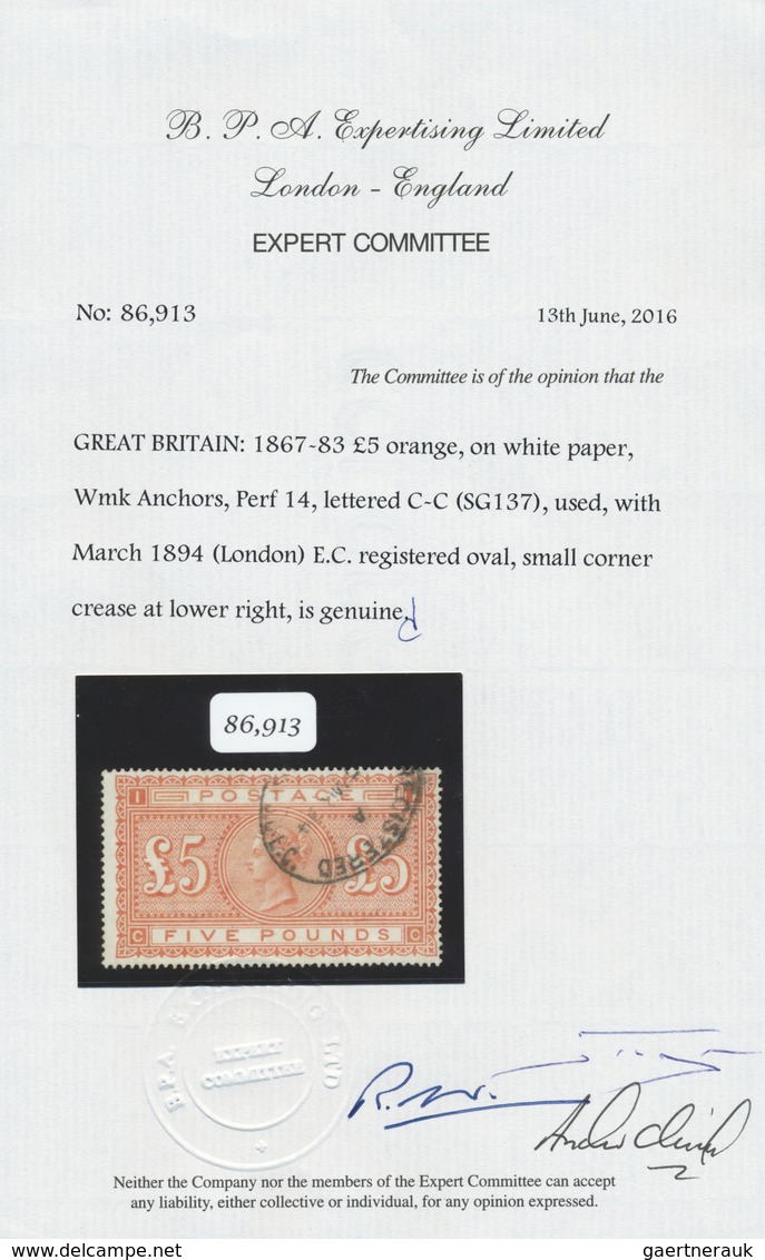 O Großbritannien: 1867, £5 Orange, Lettered "C-C", Fresh Colour, Well Perforated, Neatly Oblit. By Lon - Autres & Non Classés