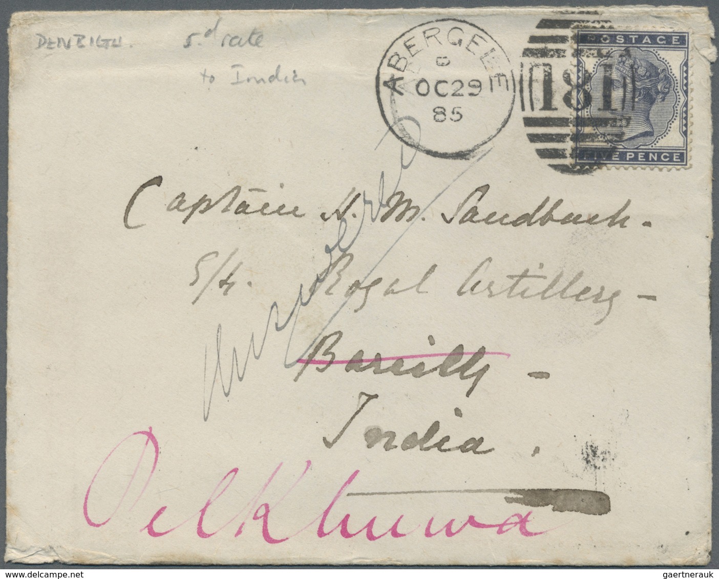 Br Großbritannien: 1885-86 Two Covers From Abergele, Wales To Captain H.M. Sandback, Royal Artillery In - Autres & Non Classés