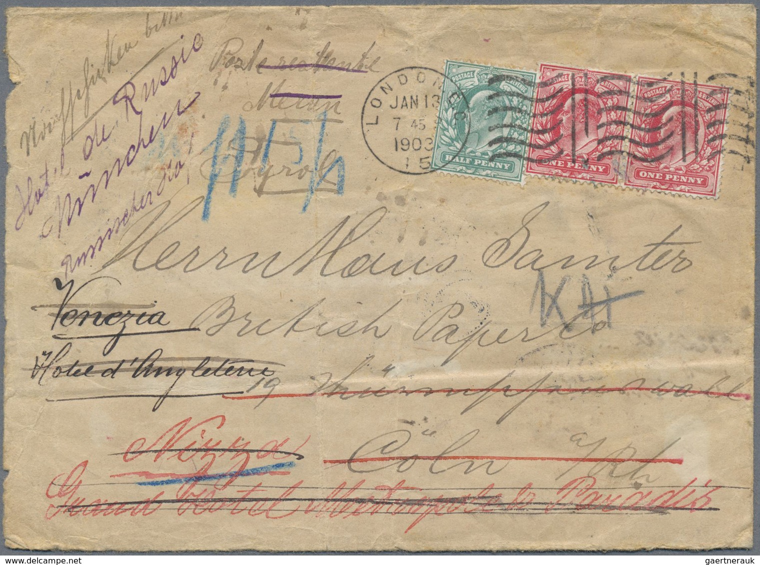 Br Großbritannien: 1903: 1/2 P Green And 2x 1 P Red Tied By Columbia Machine Cancel LONDON E.C. JAN 13 - Autres & Non Classés