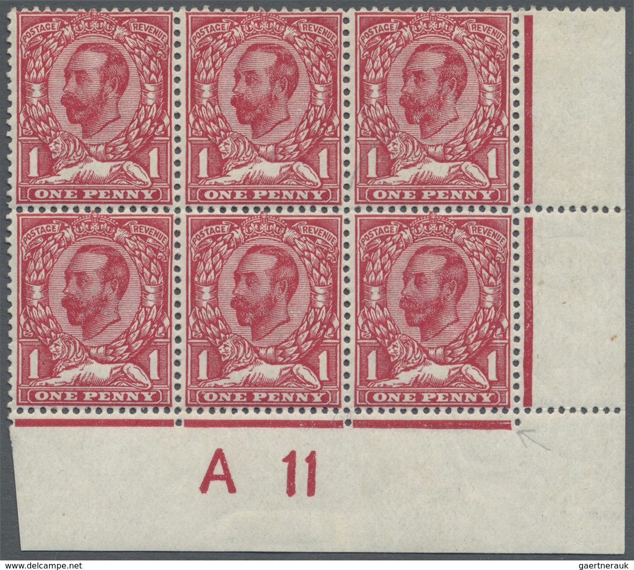 **/* Großbritannien: 1911, 1d. Carmine, Marginal Block Of Six From The Lower Right Corner Of The Sheet Wi - Autres & Non Classés