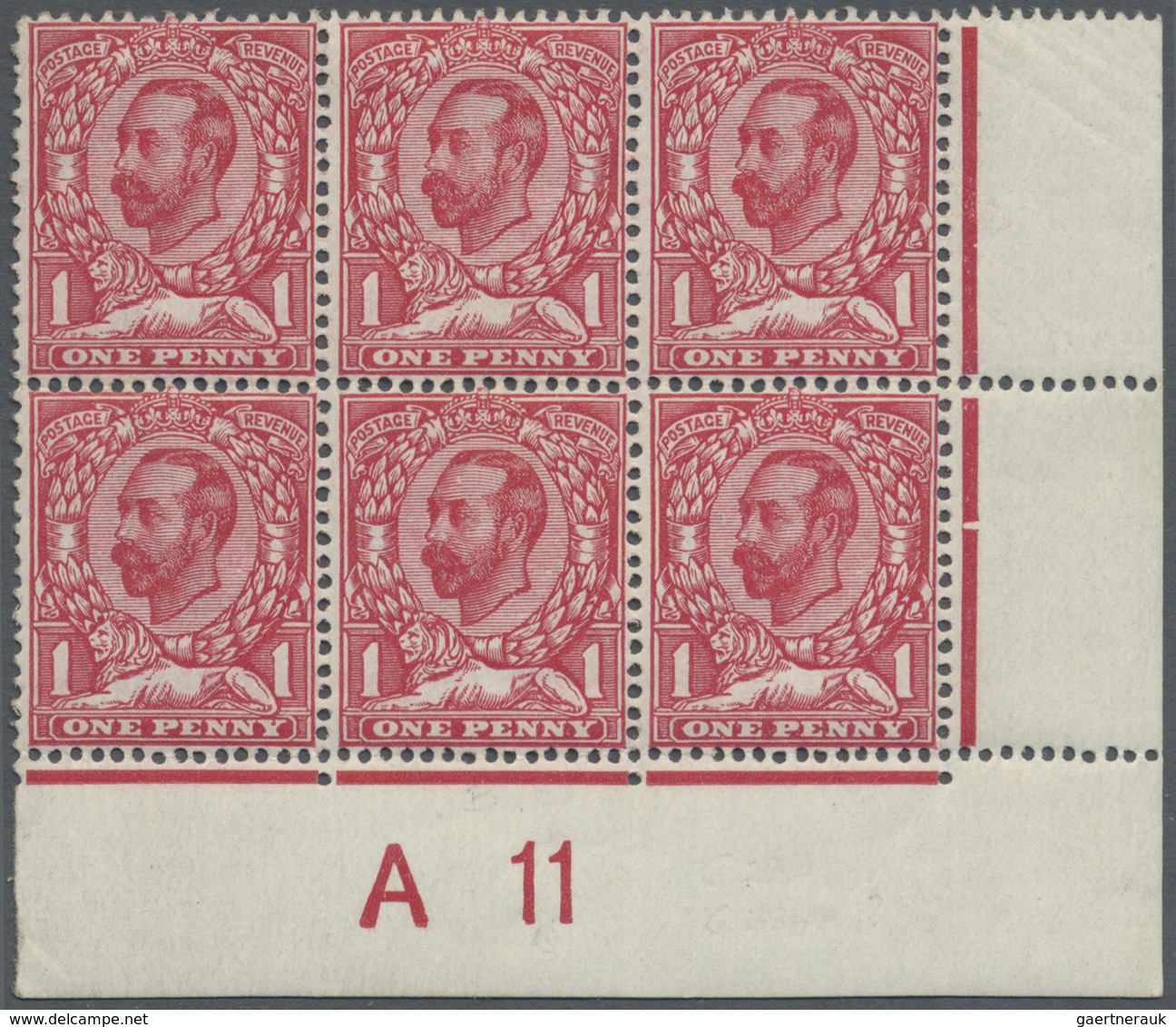 */** Großbritannien: 1911, 1d. Carmine, Marginal Block Of Six From The Lower Right Corner Of The Sheet Wi - Autres & Non Classés