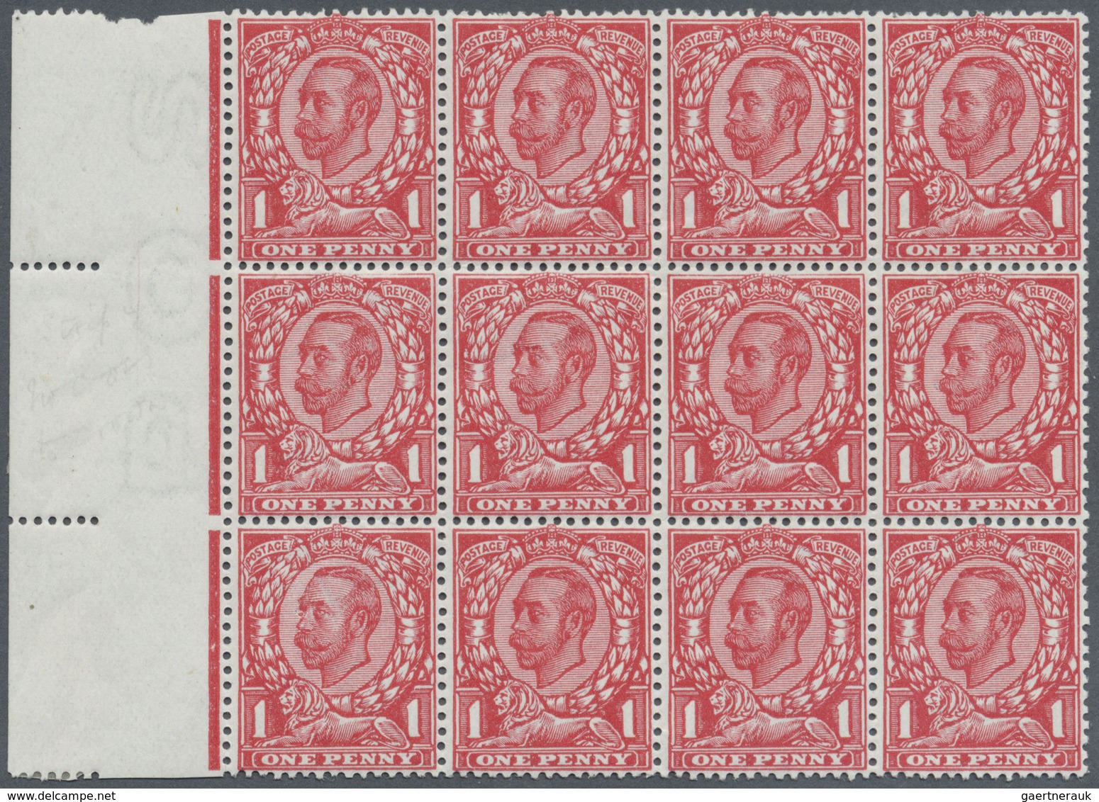 ** Großbritannien: 1912, 1d. Scarlet, Left Marginal Block Of Twelve, Bright Colour, Normally Perforated - Autres & Non Classés