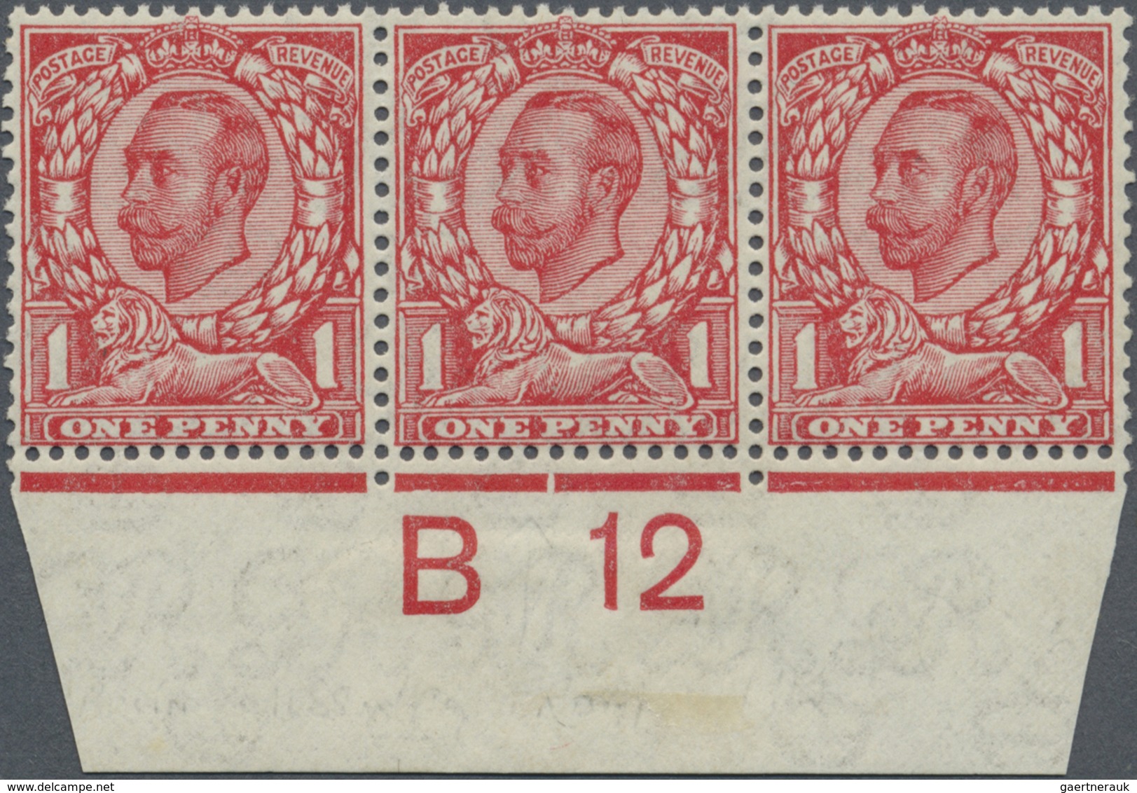 * Großbritannien: 1912, 1d. Scarlet, Wm Multiple Crown, Bottom Marginal Strip Of Three With Control "B - Autres & Non Classés