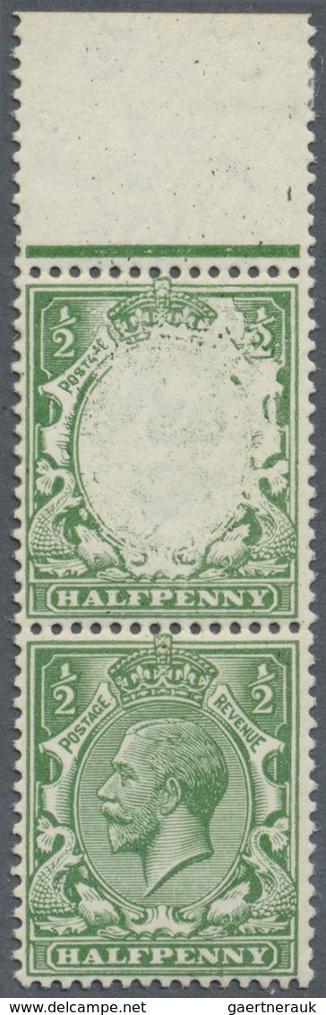 ** Großbritannien: 1913, ½d. Green, Top Marginal Vertical Pair, Top Stamp Showing Variety "Missing King - Autres & Non Classés