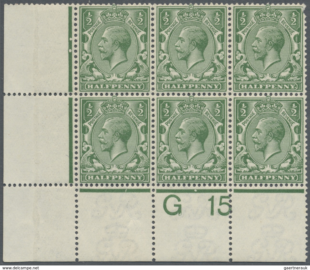 */** Großbritannien: 1915, ½d. Green, Plate Block Of Six "G 15" From The Lower Left Corner Of The Sheet, - Sonstige & Ohne Zuordnung