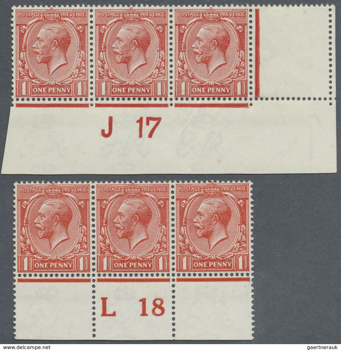 ** Großbritannien: 1917/1918, 1d. Vermilion, Two Bottom Marginal Horiz. Strips Of Three With Control "J - Autres & Non Classés