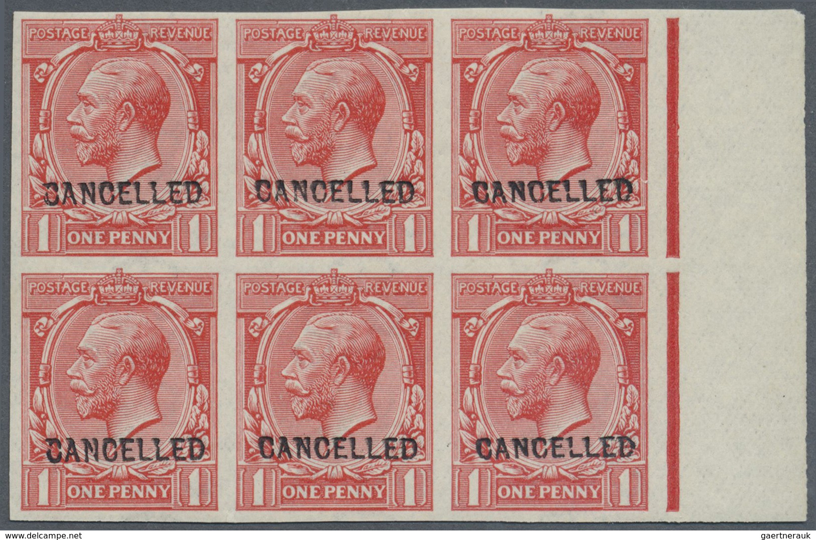 ** Großbritannien: 1912, 1d. Scarlet, Imperforate Marginal Block Of Six With "CANCELLED" Ovp., Unmounte - Autres & Non Classés