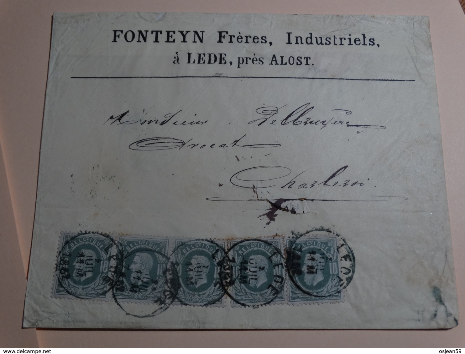 N°30 - 5x10c Vert Sur Lettre (Fonteyn Frères à Lede,prés Alost) à Partir De Lede Le 18/02/1882 Vers Charleroi - 1869-1883 Leopold II
