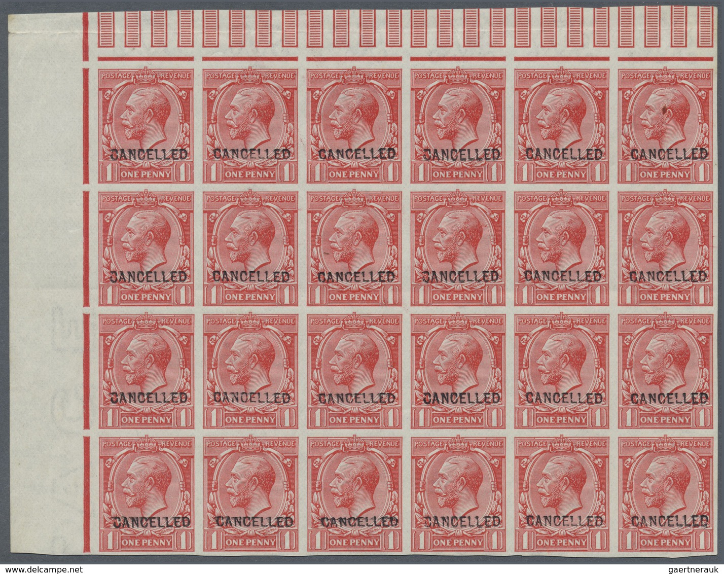 ** Großbritannien: 1912, 1d. Scarlet, Imperforate Marginal Block Of 24 From The Upper Left Corner Of Th - Sonstige & Ohne Zuordnung