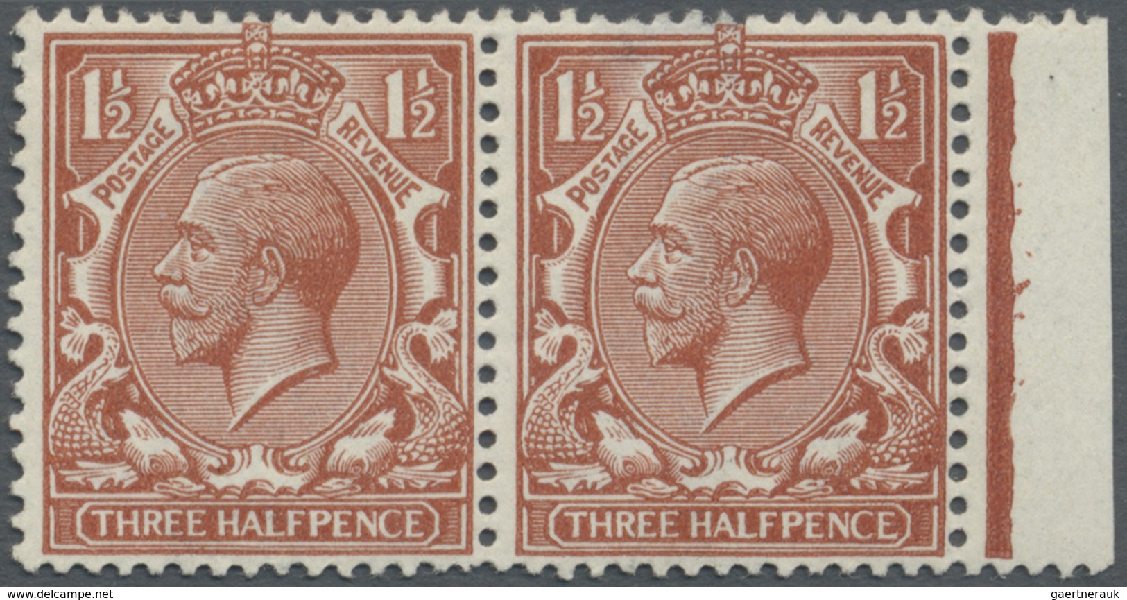 */ Großbritannien: 1920, 1½d. Bright Chestnut, Right Marginal Pair (plate 29 - Thick Rule), On R. 15/12 - Autres & Non Classés