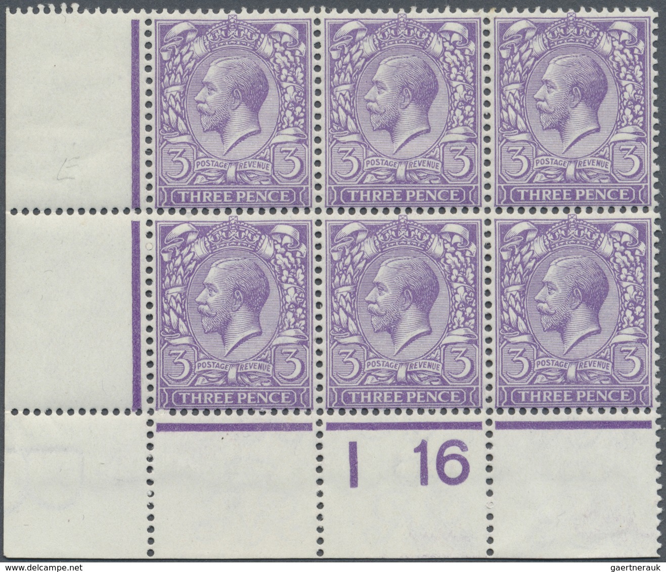 **/* Großbritannien: 1916, 3d. Violet, Wm Simple Cypher, Marginal Block Of Six From The Lower Left Corner - Autres & Non Classés