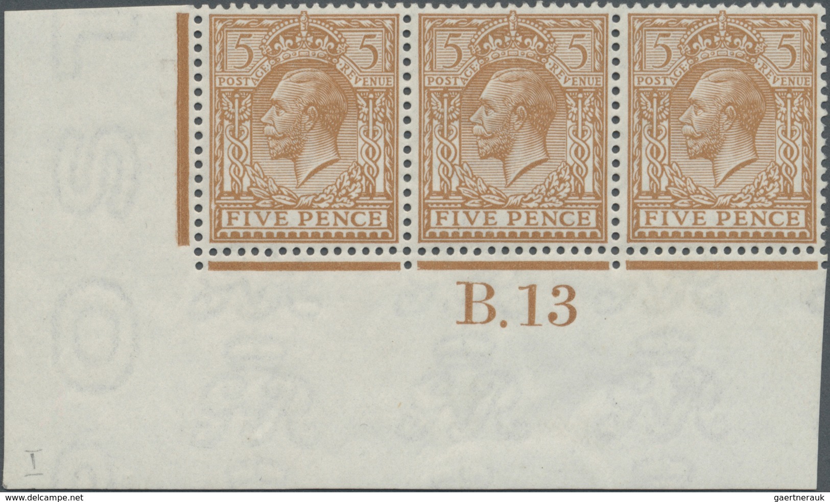 **/* Großbritannien: 1913, 5d. Yellow-brown, Wm Simple Cypher, Marginal Strip Of Three From The Lower Lef - Autres & Non Classés