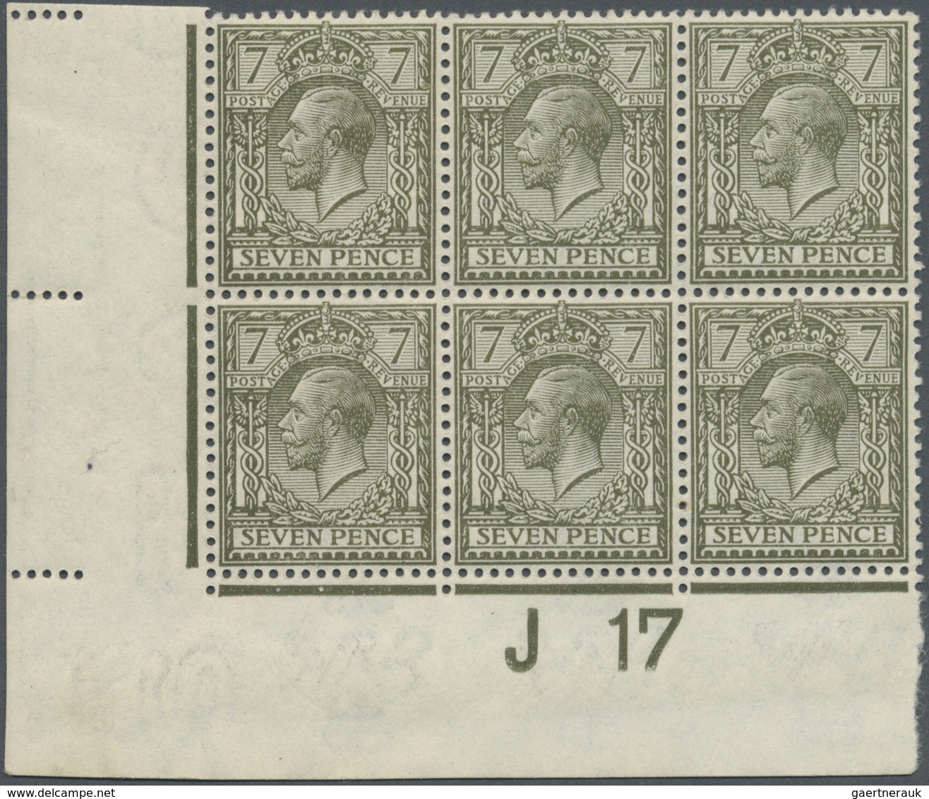 ** Großbritannien: 1917, 7d. Sage-green, Wm Simple Cypher, Inverted Watermark, Marginal Block Of Six Fr - Autres & Non Classés