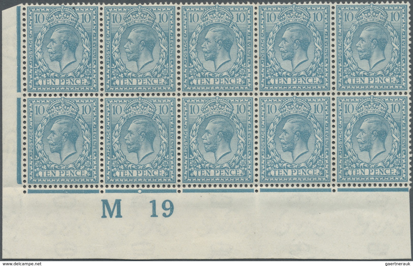 ** Großbritannien: 1919, 10d. Turquoise-blue, Wm Simple Cypher, Marginal Block Of Ten From The Lower Le - Autres & Non Classés