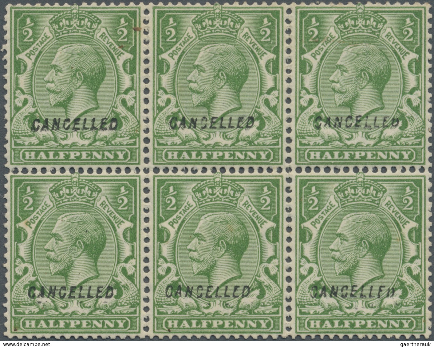 ** Großbritannien: 1924, ½d. Green, Wm Block Cypher, Block Of Six With "Cancelled" Overprint (type 28), - Autres & Non Classés