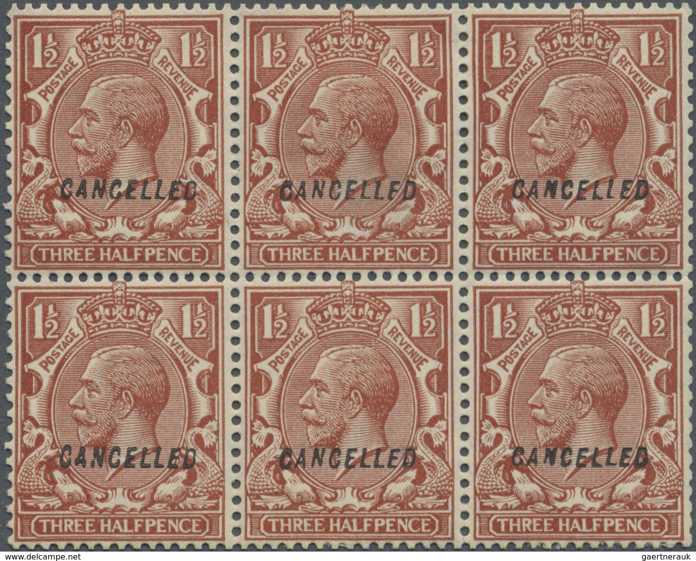 */** Großbritannien: 1924, 1½d. Red-brown, Wm Block Cypher, Inverted Watermark, Block Of Six With "Cancel - Autres & Non Classés