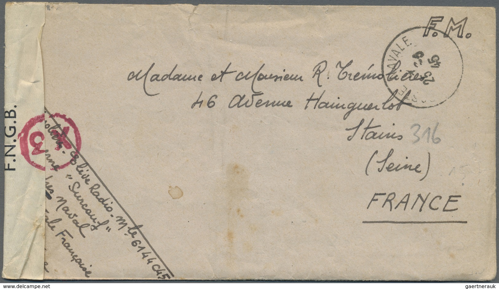 Br Großbritannien: 1945. Stampless Envelope (roughly Opened) Endorsed 'F.M.' Written From The French Na - Autres & Non Classés