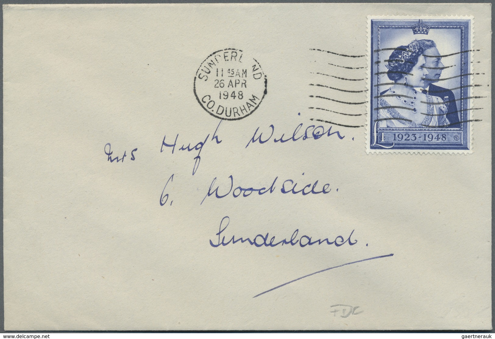 Großbritannien: 1948, Silver-wedding 1 £ On First Day Cover Used Locally "SUNDERLAND 26 APR 1948", M - Autres & Non Classés