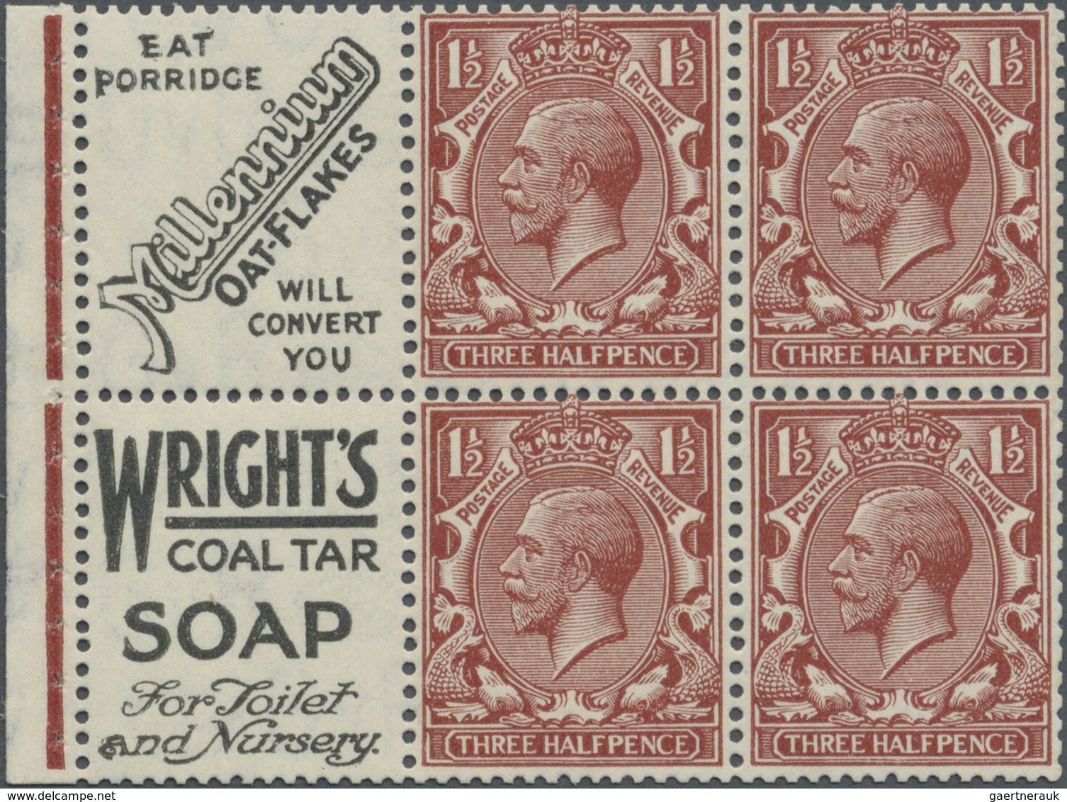 ** Großbritannien - Zusammendrucke: 1924, 1½d. Red-brown, Wm Block Cypher, Advertisement Booklet Pane " - Sonstige & Ohne Zuordnung