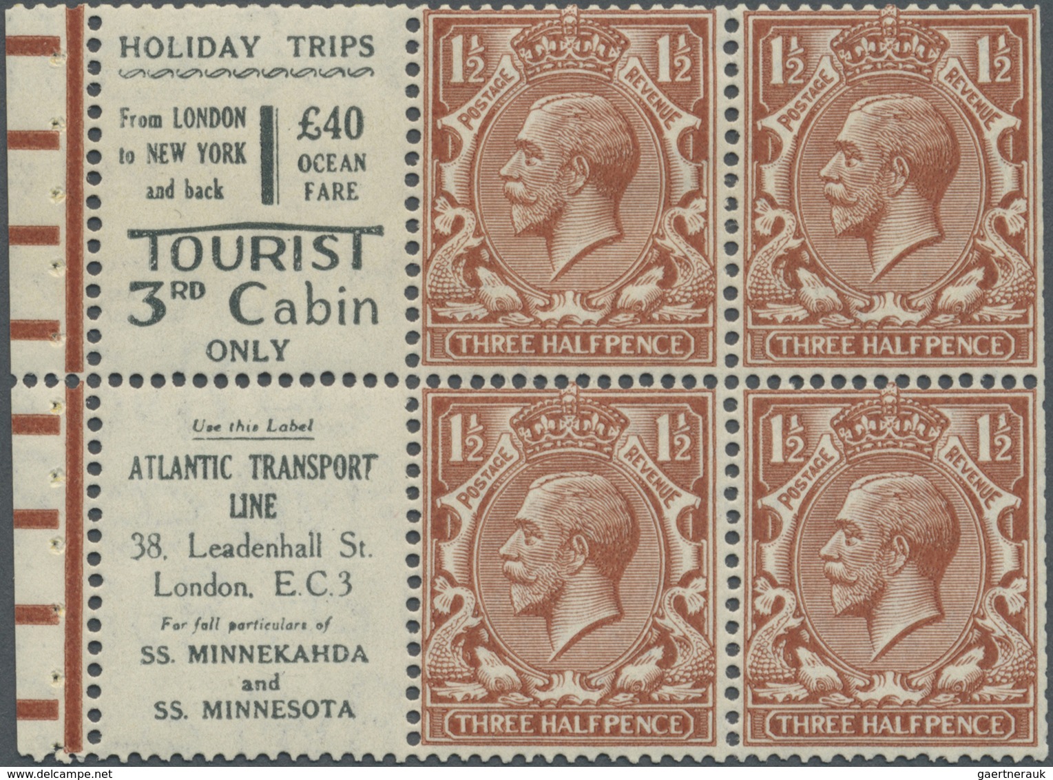 * Großbritannien - Zusammendrucke: 1924, 1½d. Red-brown, Wm Block Cypher, Advertisement Booklet Pane " - Andere & Zonder Classificatie