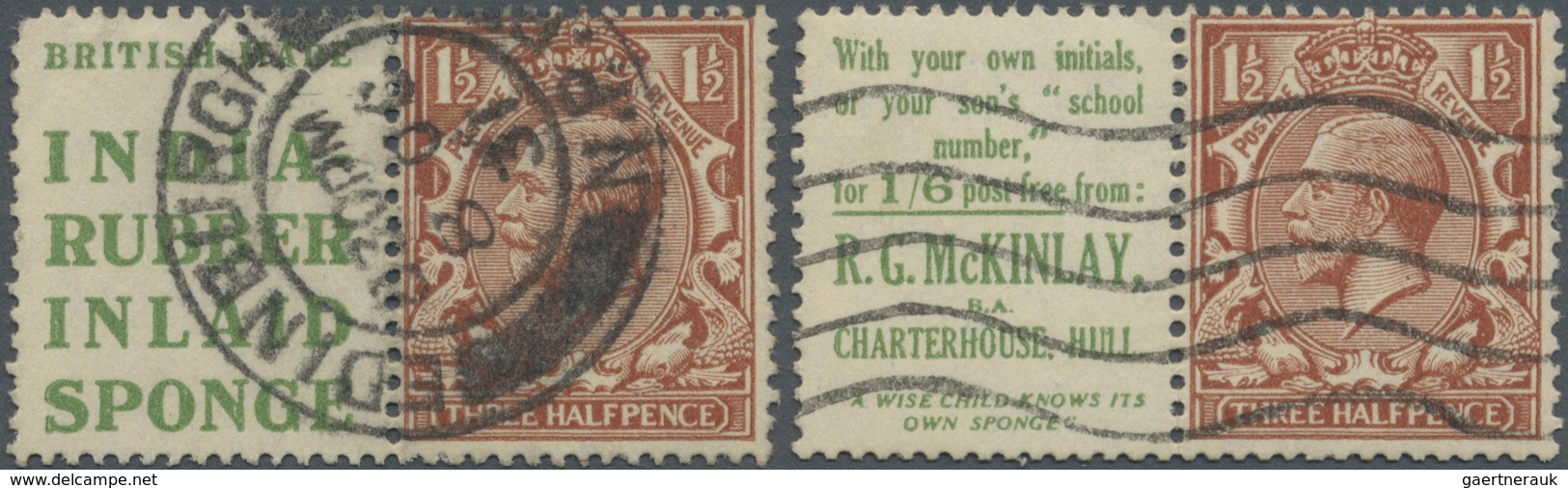 O Großbritannien - Zusammendrucke: 1924, 1½d. Red-brown, Wm Block Cypher, Two Commercially Used Se-ten - Autres & Non Classés