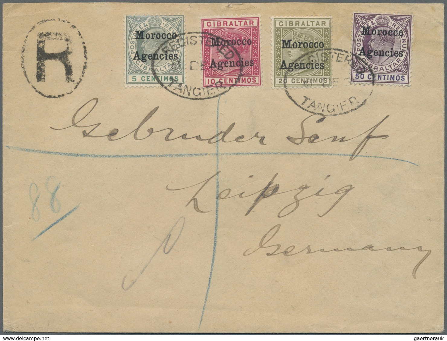 Br Britische Post In Marokko: 1906, Registered Letter With 10 And 20 Cent. QV And 5 Nad 50 Centimos Edw - Andere & Zonder Classificatie