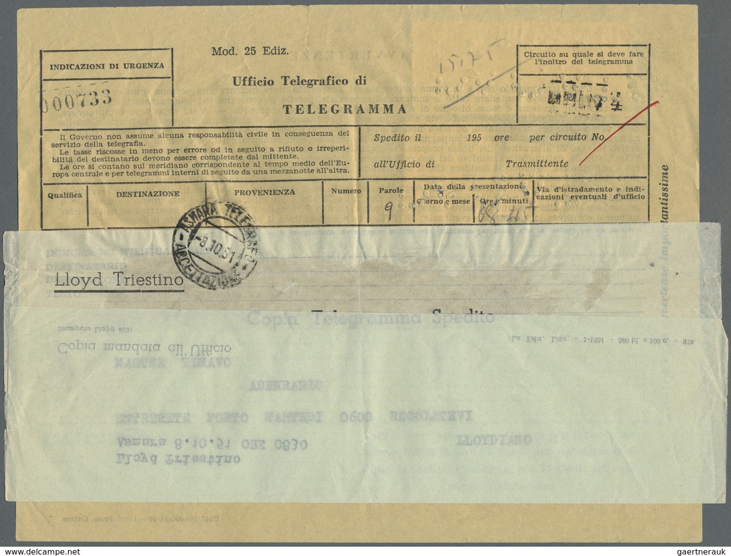 Br Britische Militärpost II. WK: 1948, "B. A. ERITREA" KGVI 10 Sh., 2x 2Sh50C And 75 C On Franked Teleg - Autres & Non Classés