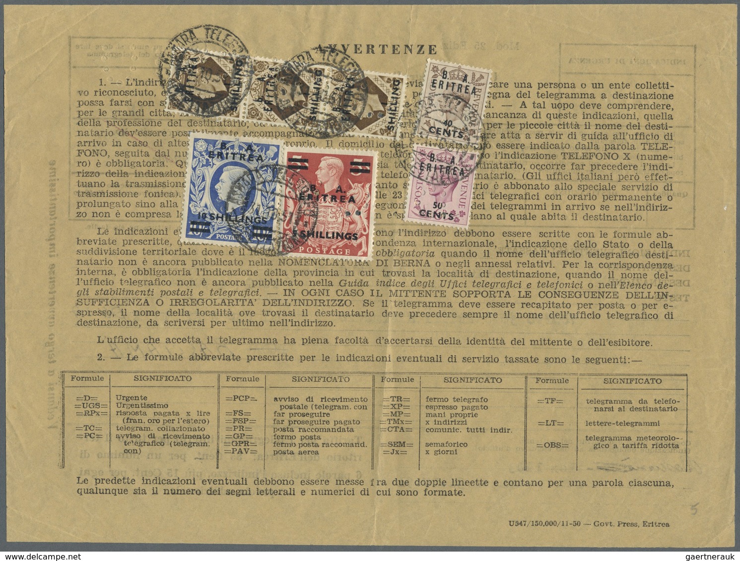 Br Britische Militärpost II. WK: "B. A. ERITREA" KGVI 10 Sh., 5 Sh., 3x 1 Sh., 50 C And 40 C On Franked - Andere & Zonder Classificatie