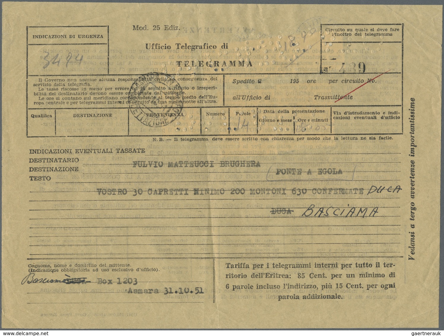 Br Britische Militärpost II. WK: "B. A. ERITREA" KGVI 10 Sh., 5 Sh., 3x 1 Sh., 50 C And 40 C On Franked - Andere & Zonder Classificatie