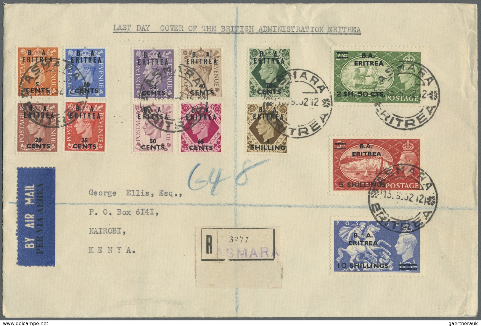 Br Britische Militärpost II. WK: 1950, "B. A. ERITREA" KGVI 5 C To 10 Sh. On Registred Airmail Cover Wi - Andere & Zonder Classificatie