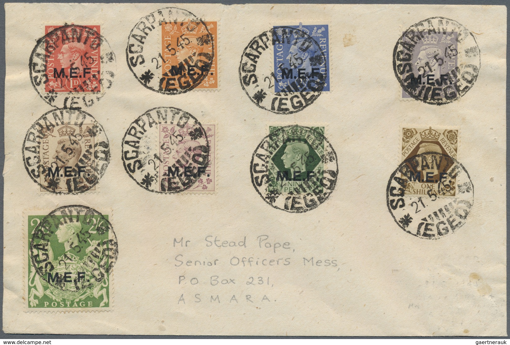 Brfst Britische Militärpost II. WK: 1943, M.E.F. Overprints, 1d. To 2s.6d., Nine Values On Envelope (some - Autres & Non Classés