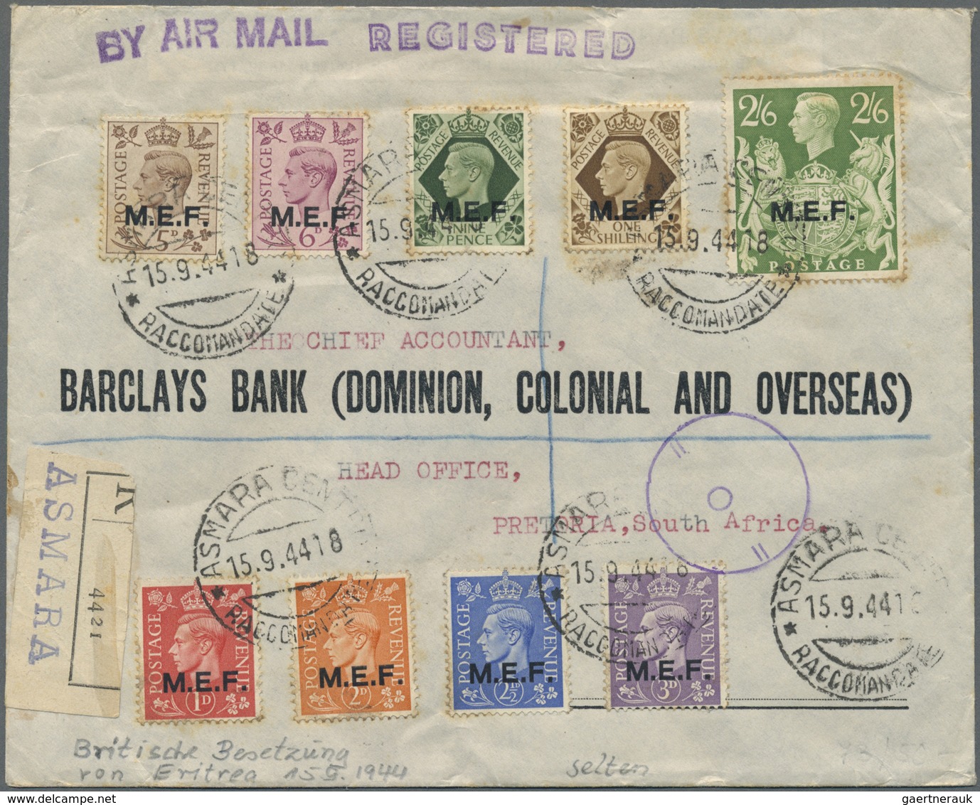 Br Britische Militärpost II. WK: 1943, "M.E.F." KGVI 5 P. - 2Sh6P On Registred Airmail Bank-envleope (s - Autres & Non Classés