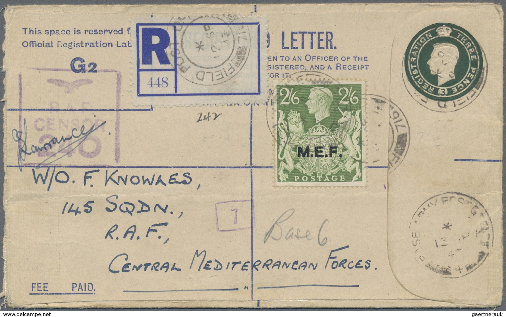 GA Britische Militärpost II. WK: 1943 KGVI. 2s6d. Yellow-green Optd. "M.E.F." Uprating Postal Stationer - Andere & Zonder Classificatie