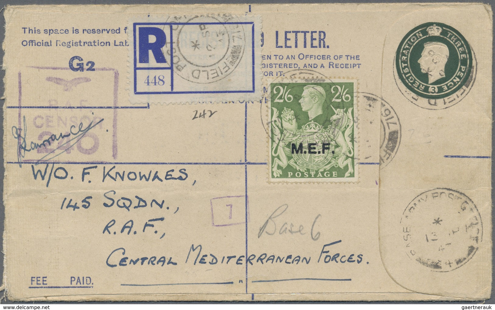 GA Britische Militärpost II. WK: 1943 KGVI. 2s6d. Yellow-green Optd. "M.E.F." Uprating Postal Stationer - Autres & Non Classés