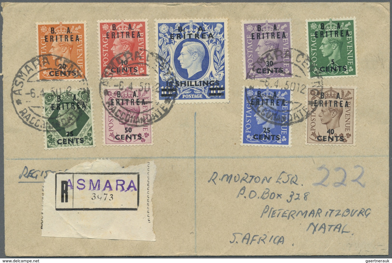 Br Britische Militärpost II. WK: 1950, "B. A. ERITREA" KGVI 10 Sh. And 5C To 75 C On Registered Letter - Autres & Non Classés