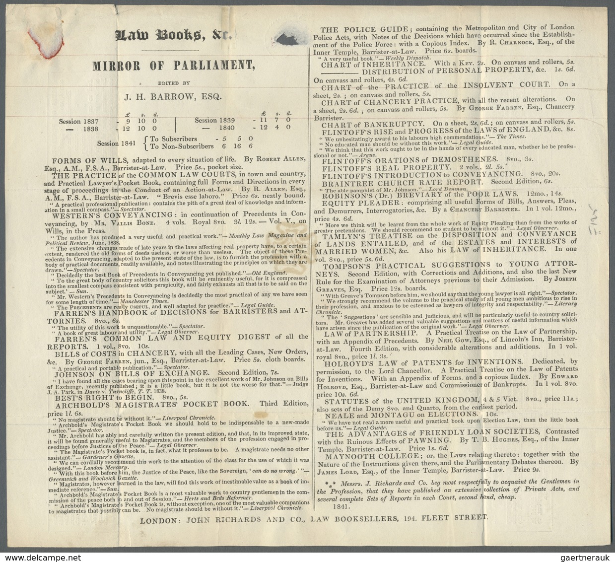 GA Großbritannien - Ganzsachen: 1842, Mulready Advert 1d Lettersheet, "John Richards & Co., Law Books/M - 1840 Mulready Omslagen En Postblad